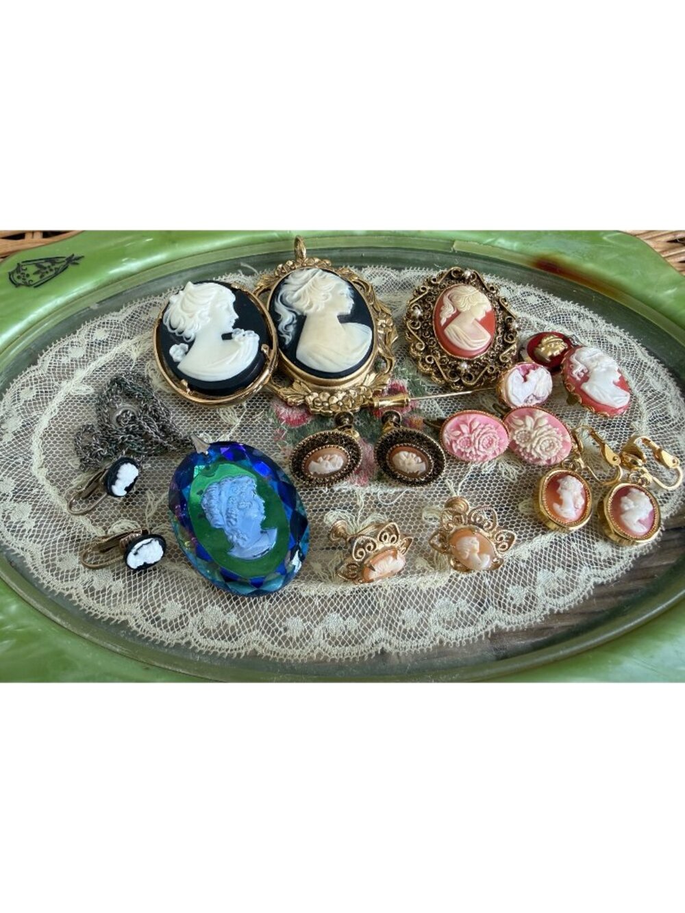 Vintage 60/70's Lot Cameo Jewelry Brooches,Earrings,Necklaces Glass Shell Lucite